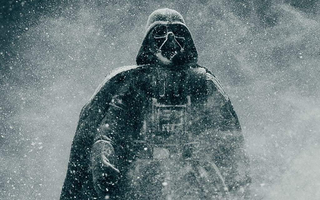 Darth Vader walking through a cloud of snow.